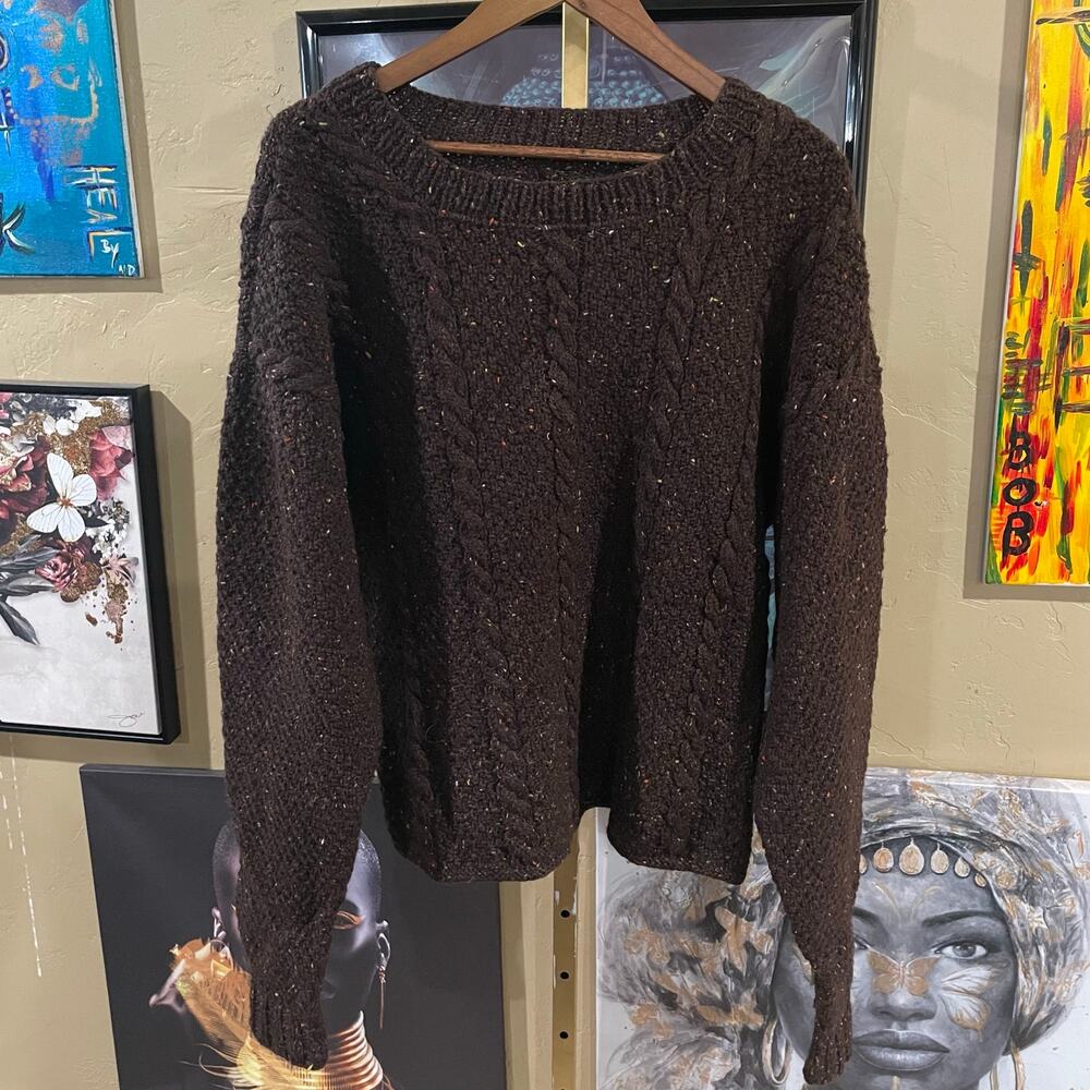 Hand Knit 70s Vintage Chunky Cottage Core Granny Brown Heavy Sweater Large